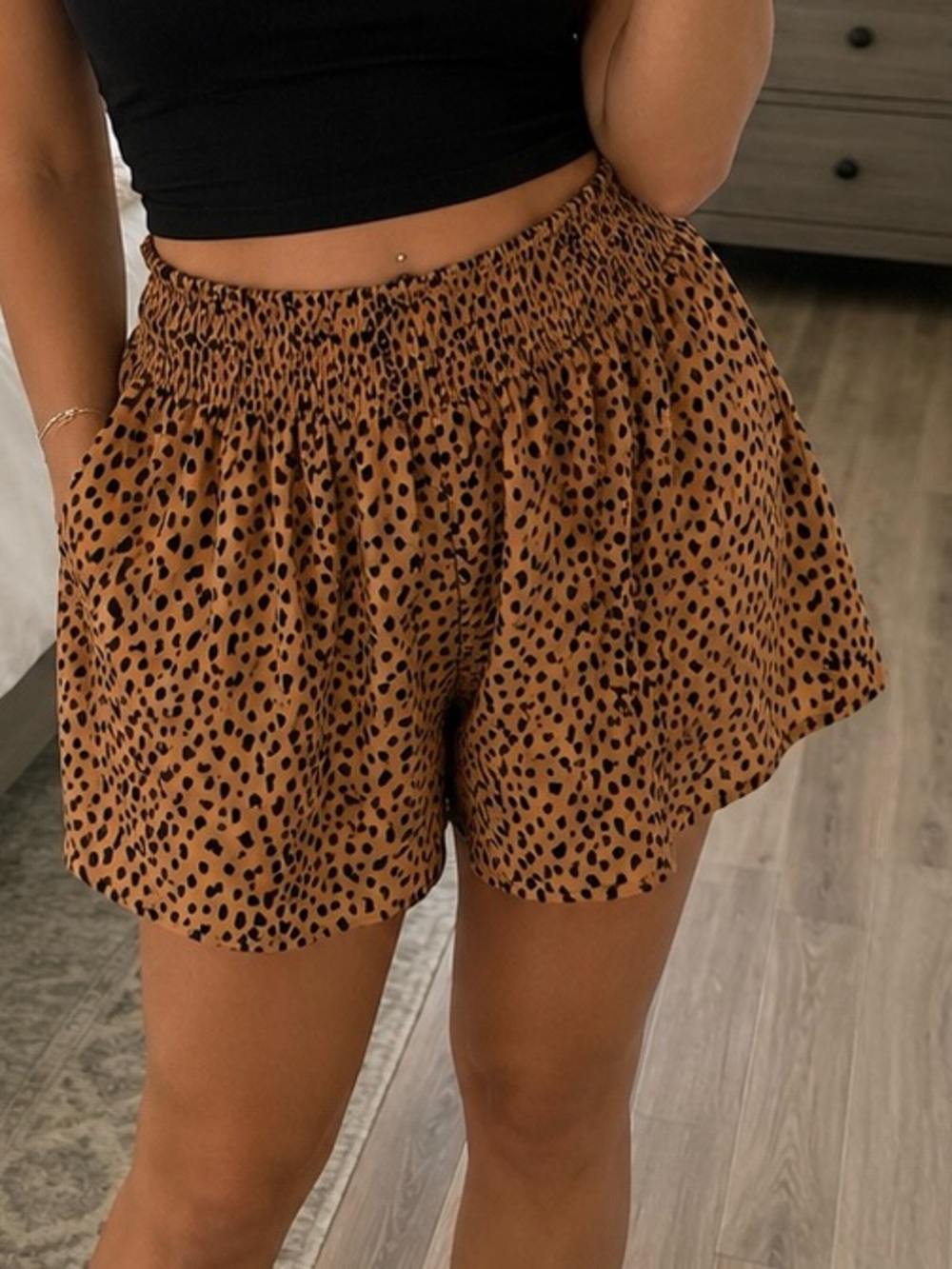 SHEIN Black Brown Cheetah Smocked High Waist Shorts